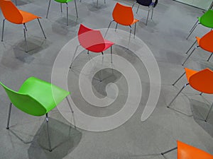 Empty chairs arranged respecting social and physical distancing rules