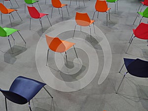 Empty chairs arranged respecting social and physical distancing rules