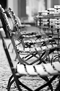 Empty chairs in beer garden