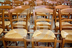 Empty chairs in a catherdals after coronavirus, churches closed and reopen and no people