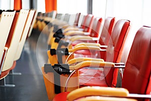 Empty chairs in the conference room. Cancel presentation and business meeting