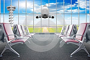 Empty chairs in the hall of airport terminal with airplane takeoff Travel and transportation concept