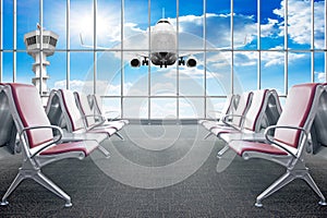 Empty chairs in the hall of airport terminal with airplane takeoff Travel and transportation concept