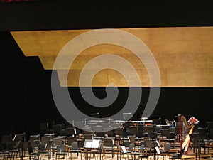 Empty chairs stand on stage in concert hall