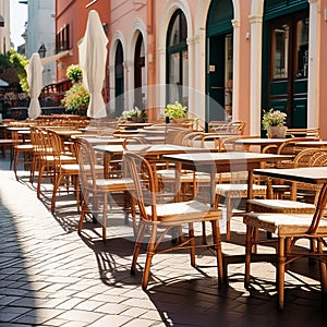 Empty Chairs and Tables Aligned in a Row