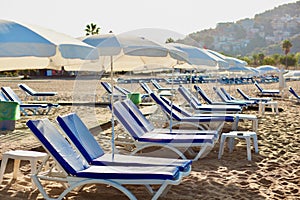 Empty chaise lounges  on Kleopatra Beach ,Alanya, Turkey