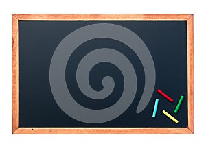 Empty chalkboard texture with colorful chalks,. image for background