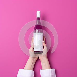 Empty Champagne Bottle Mockup With Nurse Hand On Magenta Background