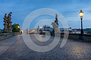 Empty Charles Bridge before sunrise. Karluv Most at Prague, Czech Republic