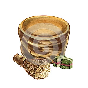 Empty chawan bowl, pressed tea squares, bamboo whisk isolated on white. Watercolor hand drawn illustration. Art design