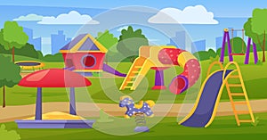 Empty children outdoor playground in city park or schoolyard. Cartoon kindergarten play area with slide, swing, sandbox vector