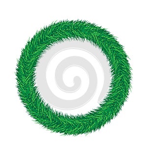 Empty Christmas Fir Wreath with copy space. Pine green branches isolated on white background. Merry Christmas and Happy New Year