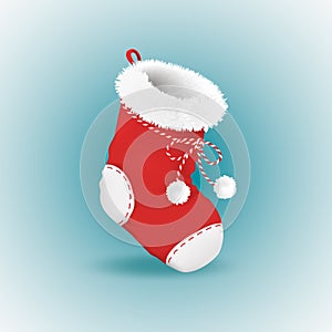 Empty Christmas red sock with fluffy fur and pumpons is ready for gifts. Vector realistic illistration on blue background.