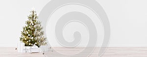 Empty Christmas Room with fir tree, presents and white wall copy space 3d Render