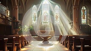 Empty church on Ash Wednesday, ash-filled bowls on the altar, serene and contemplative atmosphere, Serene Ash Wednesday