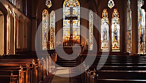 empty church pews in front of stained glass windows and a tall altar