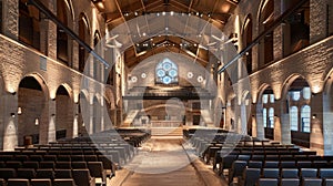 Empty Church With Rows of Chairs and Large Window