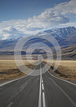 Empty Chuya Highway in Kurai Steppe, Altai Mountains, Russia