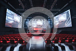 Empty cinema auditorium with red seats and screens. 3d rendering, A modern training hall with chairs facing a giant stage with one