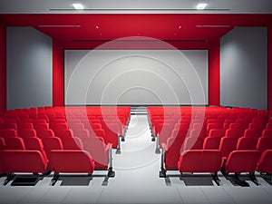 An empty cinema hall with blank white screen, waiting for the next film. Perfect for cinema, movie, and entertainment concepts,