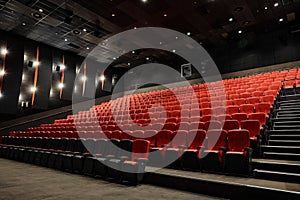 Empty cinema hall interior with row of red seats waiting for visitors