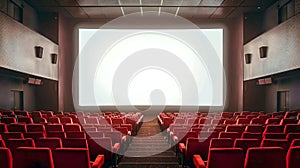 Empty cinema hall ready for moviegoers. Red seats facing a blank screen. Anticipation in a movie theater. Ideal for
