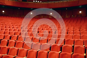 Empty cinema hall with red seats. Movie theatre. Neural network AI generated