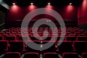 Empty cinema hall with red seats. Movie theatre. Neural network AI generated