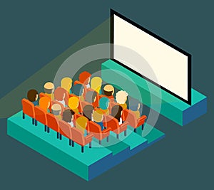 Empty cinema screen with audience. Isometric in flat style