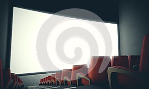 Empty cinema screen with red seats. With color filter, wide. 3d render