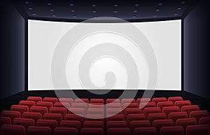 Empty cinema theatre. Film presentation scene with red chairs and white empty screen. Movie theatre empty scene vector