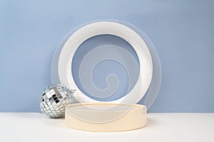 Empty circle frame for object presentation or text against blue background