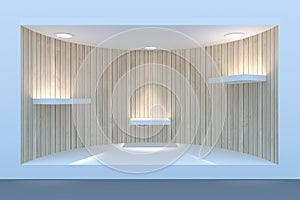 Empty circle storefront or podium with lighting and a big window