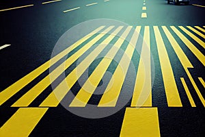 Empty city asphalt road background with pedestrian crossing under traffic lights closeup directly above view. Urban