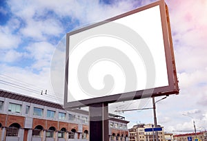 Empty city billboard, advertising placeholder, Moscow street view with sky, mockup of a blank white poster.