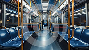 Empty City Bus Interior At Night With Bright Blue Seats And 