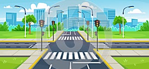 Empty city crossroad with a traffic light. Driving background in cartoon style