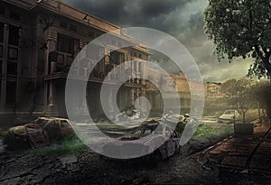 An empty city with a foreground for a long abandoned car wreck, and a background of old damaged buildings