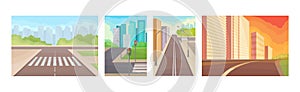 Empty City Road with Asphalt, Traffic Light and Building Vector Set