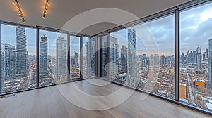 Empty city view penthouse apartment interior