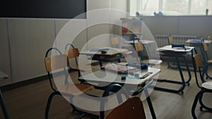 Empty class in school campus. Modern interior of classroom at school