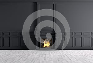 Empty classic interior of a room with fireplace over black wall