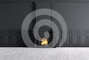 Empty classic interior of a room with fireplace over black wall photo