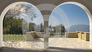 Empty classic terrace with forged iron railing and sandstone arc