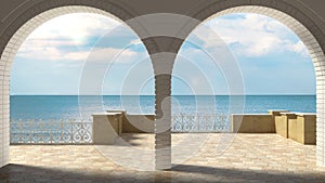 Empty classic terrace with forged iron railing and sandstone arc