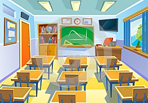 Empty classroom background in cartoon style. Class room colorful