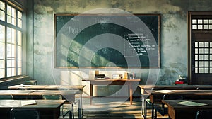 An empty classroom with a chalkboard on the wall