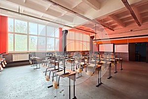 Empty classroom for classes in orange shades