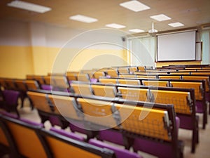 Empty classroom, college lecture hall  preparing for education in university, conference room before meeting. Business meeting