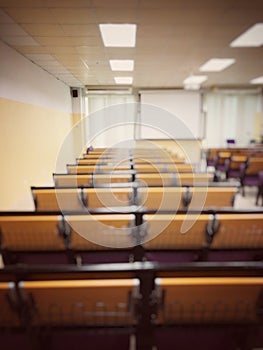 Empty classroom, college lecture hall  preparing for education in university, conference room before meeting. Business meeting